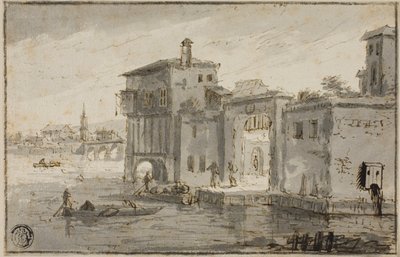 Byggnader bredvid lagunen av Claude Lorrain