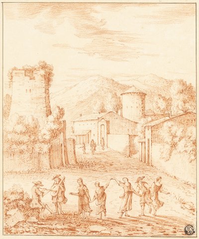 Dansare och musiker framför by med raserat torn av Claude Lorrain