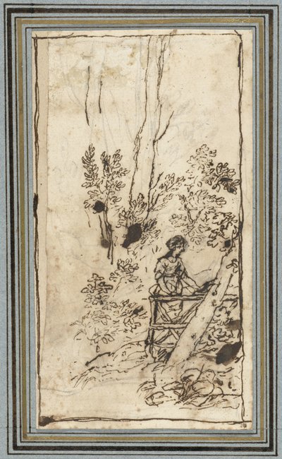 Ung kvinna som står vid ett staket i en skog Studier av djur från Djuralbumet. (serietitel) av Claude Lorrain