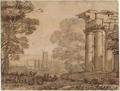 Landskap med ruiner, pastorala figurer och träd av Claude Lorrain