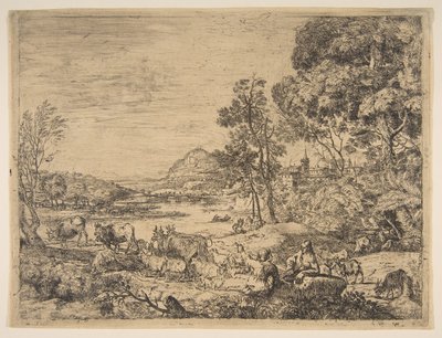 Herde och herdinna samtalar i ett landskap, ca. 1651. av Claude Lorrain