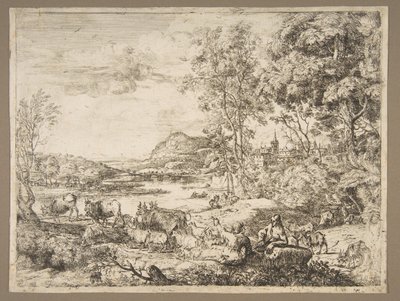 Herde och herdinna samtalar i ett landskap, ca. 1651. av Claude Lorrain