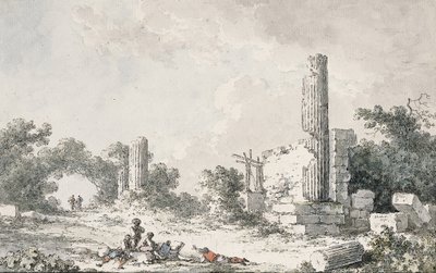 Ruinerna av templet Castor och Pollux, Agrigento, med konstnärer som skissar av Claude Louis Chatelet