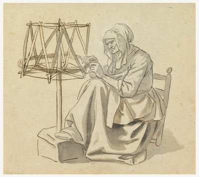 Teckning, En gammal kvinna som spinner, 1810-30 av Claude Louis Desrais