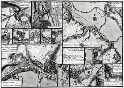 Fol.7 & 98 Karta över städer och slott som ligger längs floden Charente 1714, från Recueil des Plans de Saintonge (penna & bläck och wc på papper) av Claude Masse