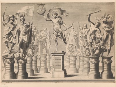 Allegori till ära av House of Savoy med legendariska figurer på piedestaler av Claude Mellan