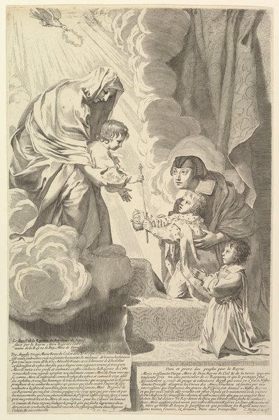 Anne av Österrike med den unge Ludvig XIV och Monsieur före jungfrun och barnet Anne dAutr.... av Claude Mellan