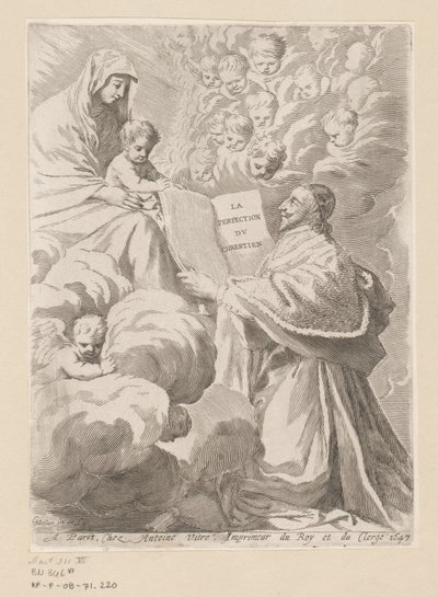 Armand-Jean du Plessis, hertigen av Richelieu, presenterar en bok till Maria med barn Titelsida för: Armand-Jean du Plessis hertig av Richelieu, Traité de la perfection du chrétien av Claude Mellan