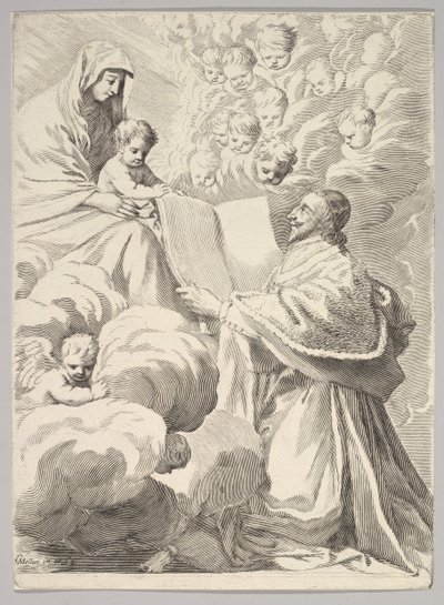 Kardinal Richelieu, Knästående, presenterar sin bok för jungfrun och barnet, ca. 1646. av Claude Mellan