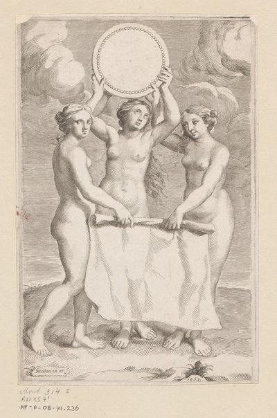 Tre gracer med en medaljong Titelsida för: Balthazar de Vias, Charitum libri tres, 1660 av Claude Mellan