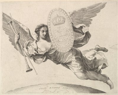 Fame som bär en sköld med initialen av Louis XIV La Renommée volant. av Claude Mellan