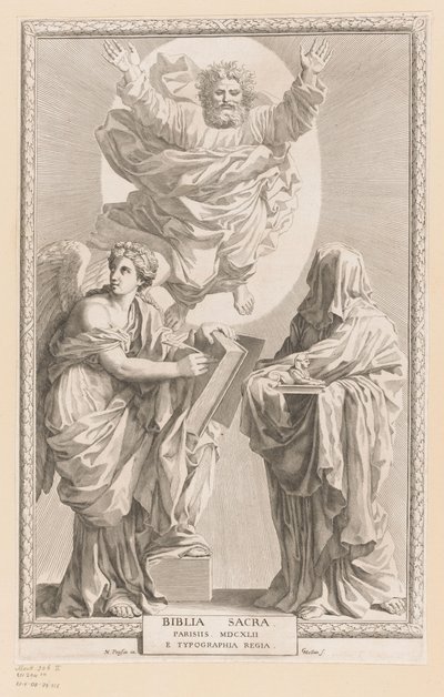 Gud med personifiering av historia och profetior Titelsida för: Biblia Sacra, 1642 av Claude Mellan