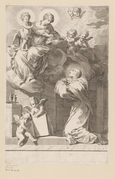 H. Bernard knäböjer inför en uppenbarelse av Jungfrun och barnet Titelsida för: Saint Bernardus, Divi Bernardi Abbatis (...), 1640 av Claude Mellan