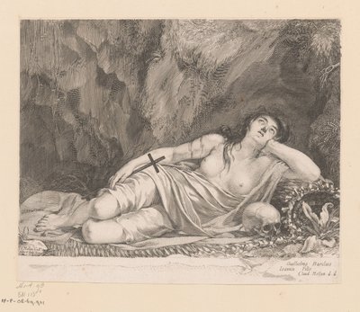 Sankta Maria Magdalena ligger i en grotta av Claude Mellan