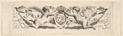 Pannband: Två spädbarn med armarna från Frankrike och Navarra. av Claude Mellan