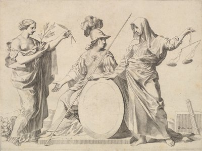 Minerva flankerad av fred och rättvisa Armoires de Gallard et de Mesmes. av Claude Mellan