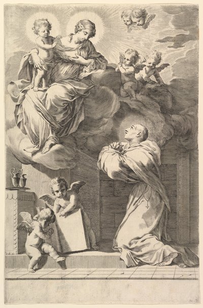 Sankt Bernard knäböjer inför jungfrun och barnet, 1640. av Claude Mellan