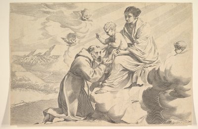 St. Franciskus av Assisi avgudar Kristusbarnet i jungfruknäet. av Claude Mellan