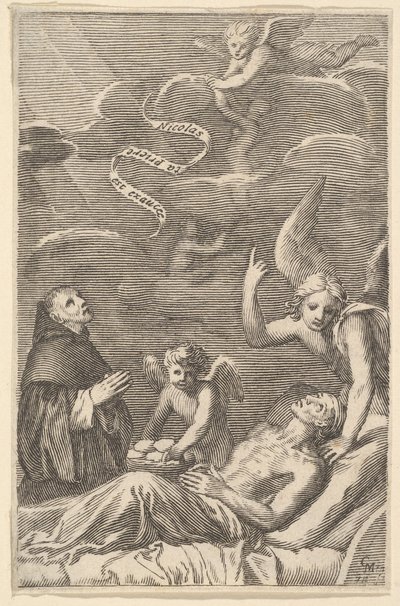 St. Nicolas ber för en döende man. av Claude Mellan