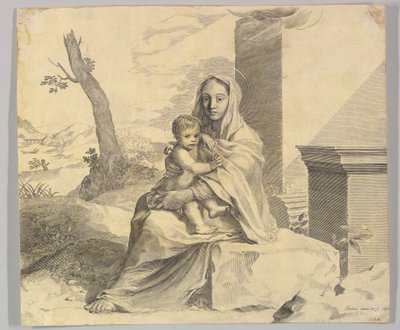 Jungfru och barn sitter på en klippa Jungfru och barn i ruiner, 1659. av Claude Mellan