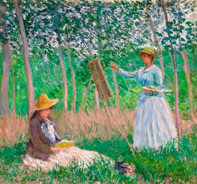 I skogen i Giverny: Blanche Hoschedé vid hennes staffli med Suzanne Hoschedé Reading, 1887 av Claude Monet