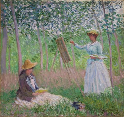 In the Woods at Giverny: Blanche Hoschede vid sitt staffli med Suzanne Hoschede läsning, 1887 av Claude Monet