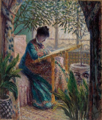 Madame Monet broderar (Camille vid hantverket) av Claude Monet
