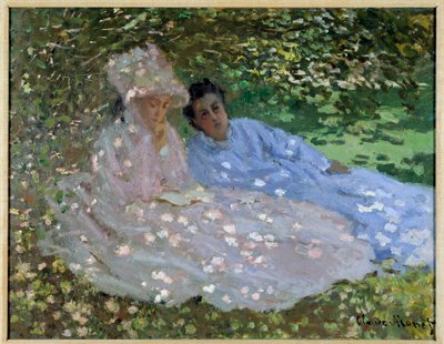 Mrs Monet och en vän i trädgården. Två kvinnor som sitter i skuggan av ett träd. Målning av Claude Monet (1840-1926) av Claude Monet