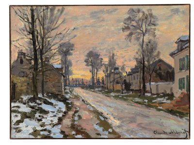 Vägen till Louveciennes, smältande snö, nedgående sol, ca 1869-70 av Claude Monet