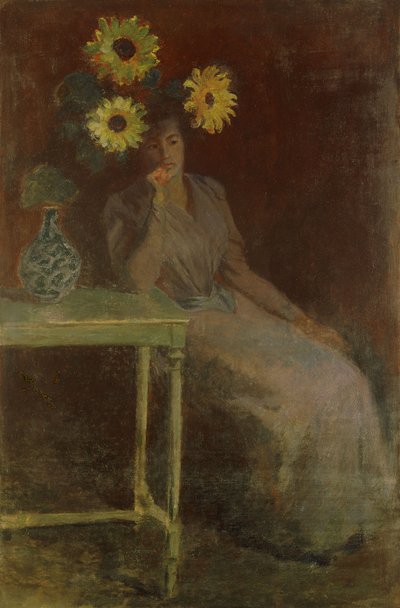 Suzanne med solrosor; Suzanne med solarna, ca 1889 av Claude Monet