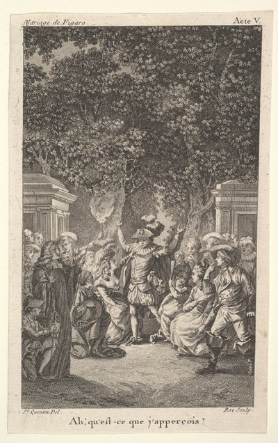 En ung pojke håller en fackla under träd i en trädgård, i mitten höjer en man båda armarna, s..., ca. 1784. av Claude Nicolas Malapeau