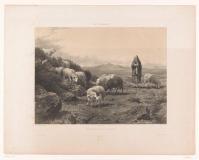 Herdinna med får på Cantalslätten Les Vallées du Cantal (titel på objekt) Betesmarker (serietitel) Les paturages (serietitel på objekt) av Claude Thielley
