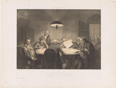 Läser män runt ett bord Les profonds politiques / De djupa politikerna / Die vollendeten Staatsmanner (titel på objekt) Humoristiska föreställningar (serietitel) Gallery pour rire (serietitel på objekt) av Claude Thielley