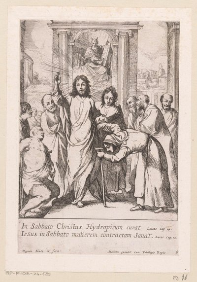 Helande av den lame mannen och den sneda kvinnan på sabbaten Miracula Domini Nostri Jesu Christi (serietitel) Miracles of Christ (serietitel) av Claude Vignon