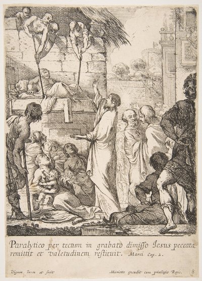Att hela den förlamade Jesus Kristus bevisar genom att hela en förlamad att han har makten att... av Claude Vignon