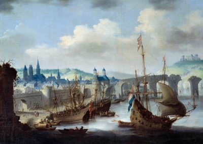 Utsikt över staden Rouen Fartygen ligger förtöjda vid Seines strand. Målning av Claude de Jongh av Claude de Jongh
