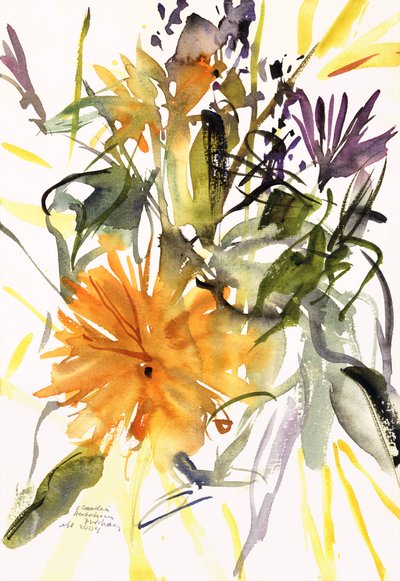 Ringblomma och andra blommor, 2004 (akvarell) av Claudia Hutchins Puechavy
