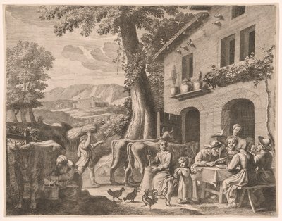 En bonde sitter vid bordet med sin familj, plansch 13 från Pastorales av Claudine Bouzonnet Stella