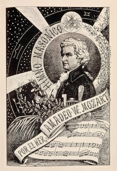 Representation av den österrikiske kompositören Wolfgang Amadeus Mozart (1756-1791), en frimuraremedlem associerad med Encyclopedic Dictionary of Freemasonry, sent 1800 - tidigt 1900-tal (gravyr) av Claudio Castelucho