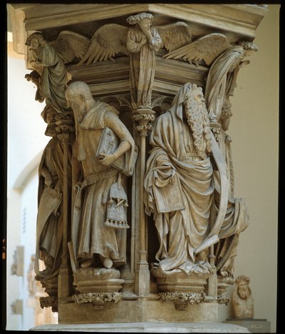 Well of Moses - skulptur erkänd som den holländska konstnären Claus Sluters (1340-1405/6) mästerverk - flamländsk gotisk konst: piedestal med representationerna av Daniel, Zaccharie, Jesaja (vänster), Moses (höger), Jeremie och David av Claus Sluter (1350- av Claus Sluter