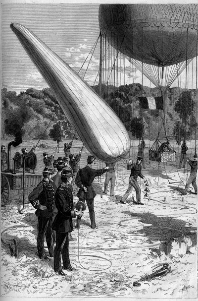 Militära aerostater: telefoniska erfarenheter i etableringen av Meudon. Gravyr av Claverie i "" Le Monde Illustré"" nr 1331 den 30 september av Claverie