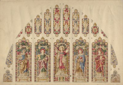 Design för ett fönster i målat glas med flera rutor, Church of the Divine Paternity, New York, ca 1898. av Clayton and Bell