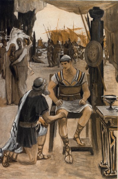 Priam rachete har Achilles kroppen av sin son (Hector). Illustration av Clement Gontier (1876-1918) för Homeres "Iliaden" (Omero). Paris, Henri Laurens av Clement Gontier