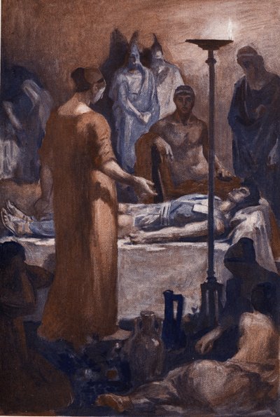 Klagomålet från Briseis (vid åsynen av Patrocles sår). Illustration av Clement Gontier (1876-1918) för Homeres "Iliaden" (Omero). Paris, Henri Laurens av Clement Gontier