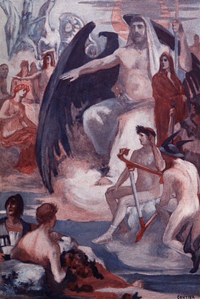 Jupiters försvar för att rädda trojanerna eller grekerna. Illustration av Clement Gontier (1876-1918) för Homeres "Iliaden" (Omero). Paris, Henri Laurens av Clement Gontier