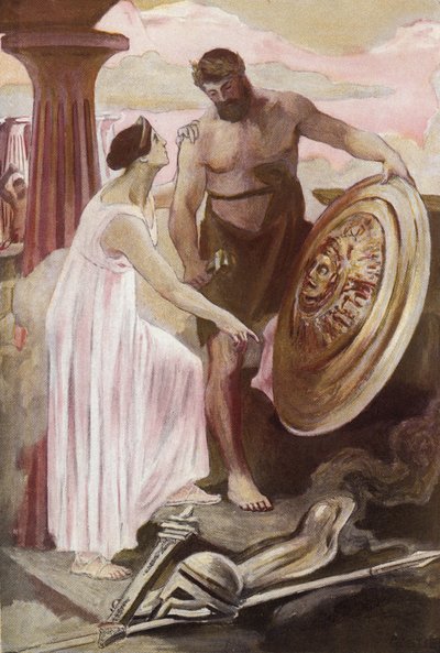 Akilles sköld skapad av Vulcan. Illustration av Clement Gontier (1876-1918) för Homeres "Iliaden" (Omero). Paris, Henri Laurens av Clement Gontier