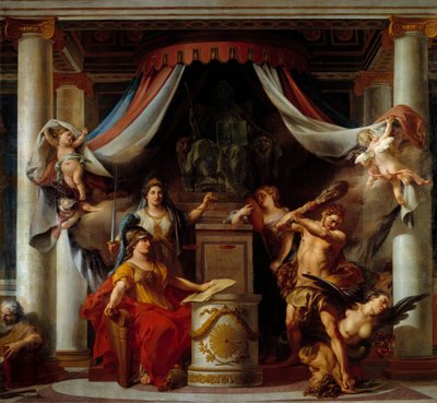 Allegori om revolutionen: i mitten överlämnar Minerve Hercules hemligheten som avskaffar lasterna från den gamla regimen Målning av Clement Belle (1722-1806) 1794 Sön. 3,56x3,86 m av Clement Louis Marie Anne Belle