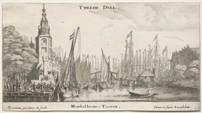 Olika fartyg och utsikt över Amsterdam (Verscheÿde Schepen en Gesichten van Amstelredam), del II: Kanal nära Amsterdam och Monkeltornet av Clement de Jonghe