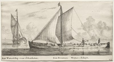Olika fartyg och utsikt över Amsterdam (Verscheÿde Schepen en Gesichten van Amstelredam), del II: Ett vattenskepp på väg mot Soutketen. Ett Brewer