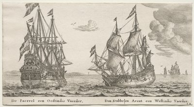 Olika fartyg och utsikter över Amsterdam (Verscheÿde Schepen en Gesichten van Amstelredam), del II: Pärlan och ostindiefararen, Dubbelörnen, en västindiefarare av Clement de Jonghe